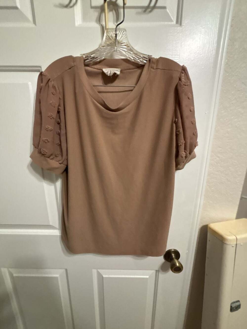Flower & Feather Tan Pointelle Mesh Puff Sleeve Blouse